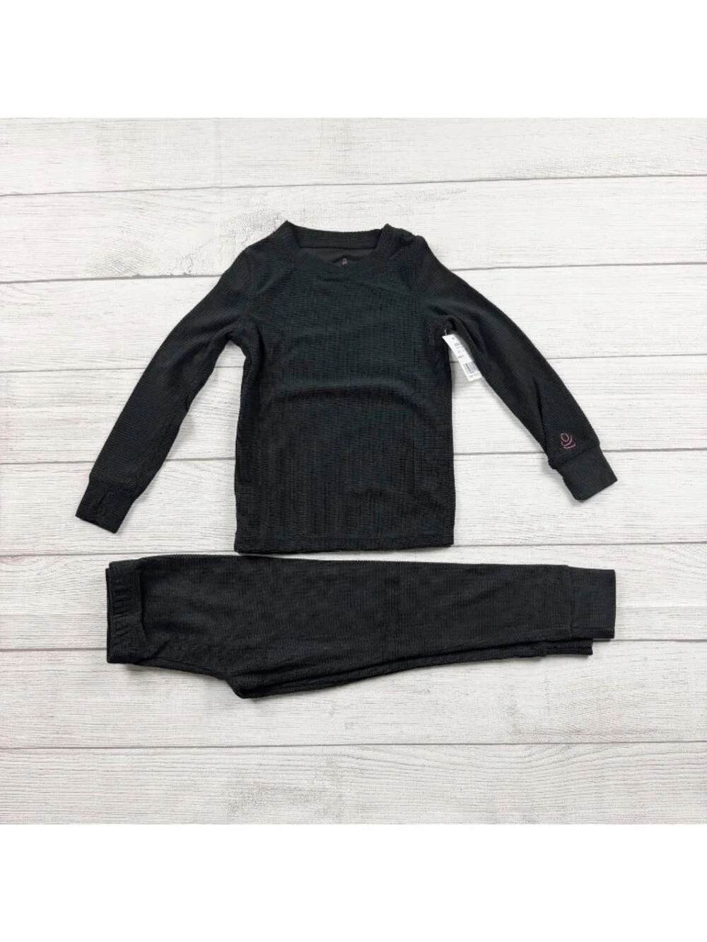Cuddl Duds Texture Grid Black Thermal Long Sleeve Top Bottom NWT XS 4-5